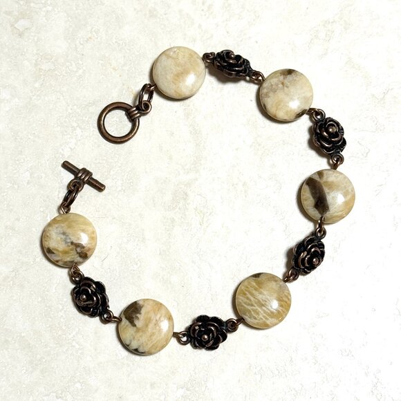 2/20, Natural Septarian Stone Bracelet, Genuine Gemstone + Copper Rose - Picture 1 of 12